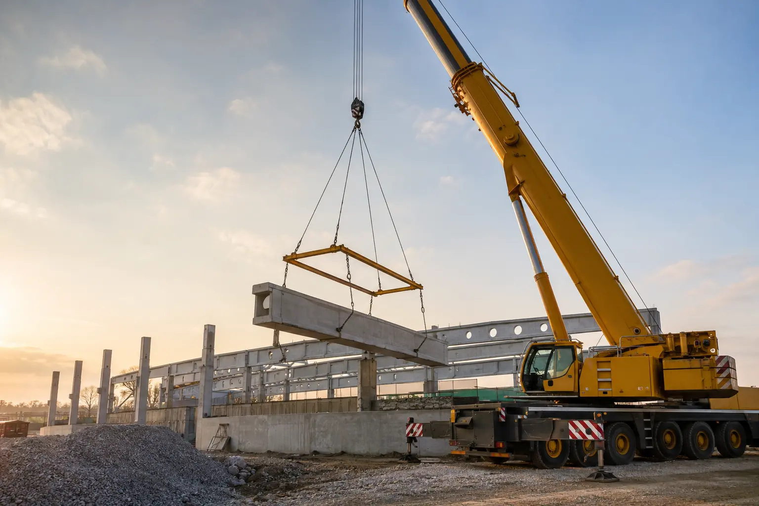 Autojeřáb při usazování betonové konstrukce